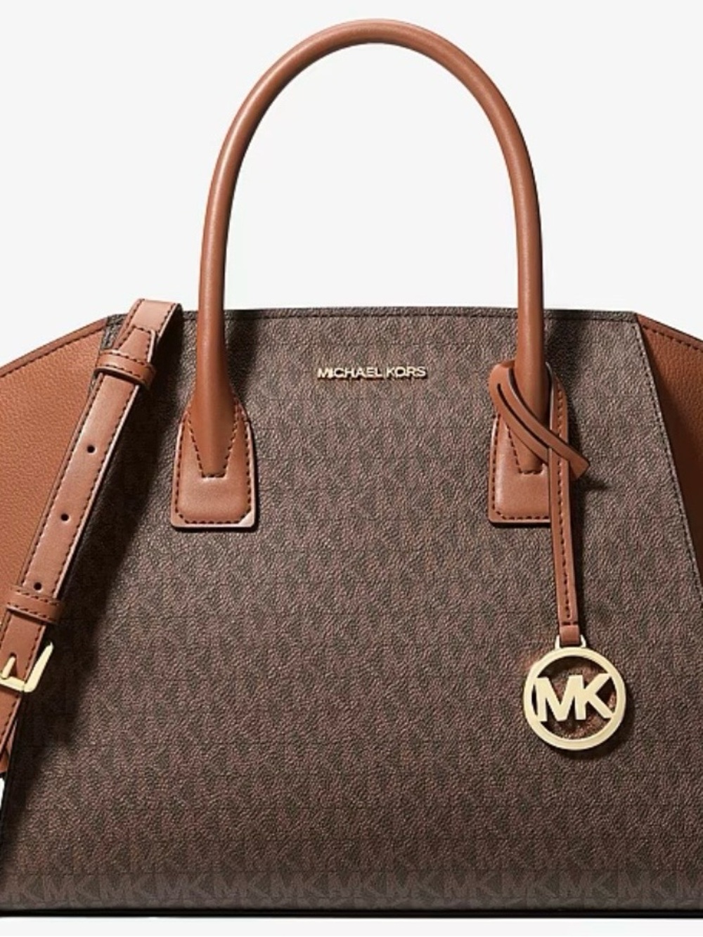 Michael Kors Brown Monogram Satchel with Tan Trim